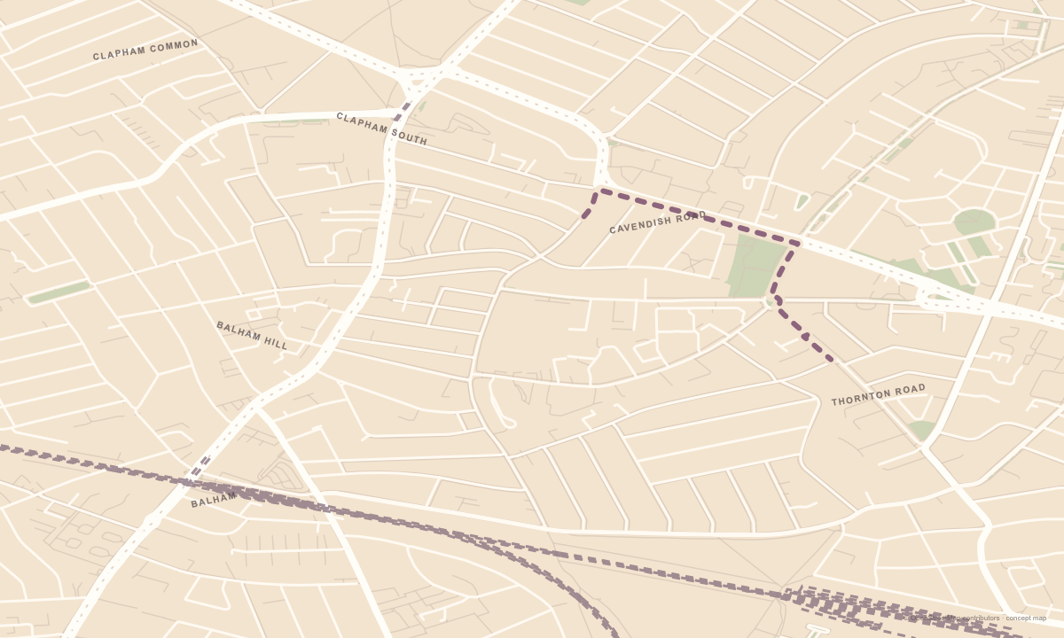 Street map of Clapham South and Balham showing Cavendish Road and Thornton Road